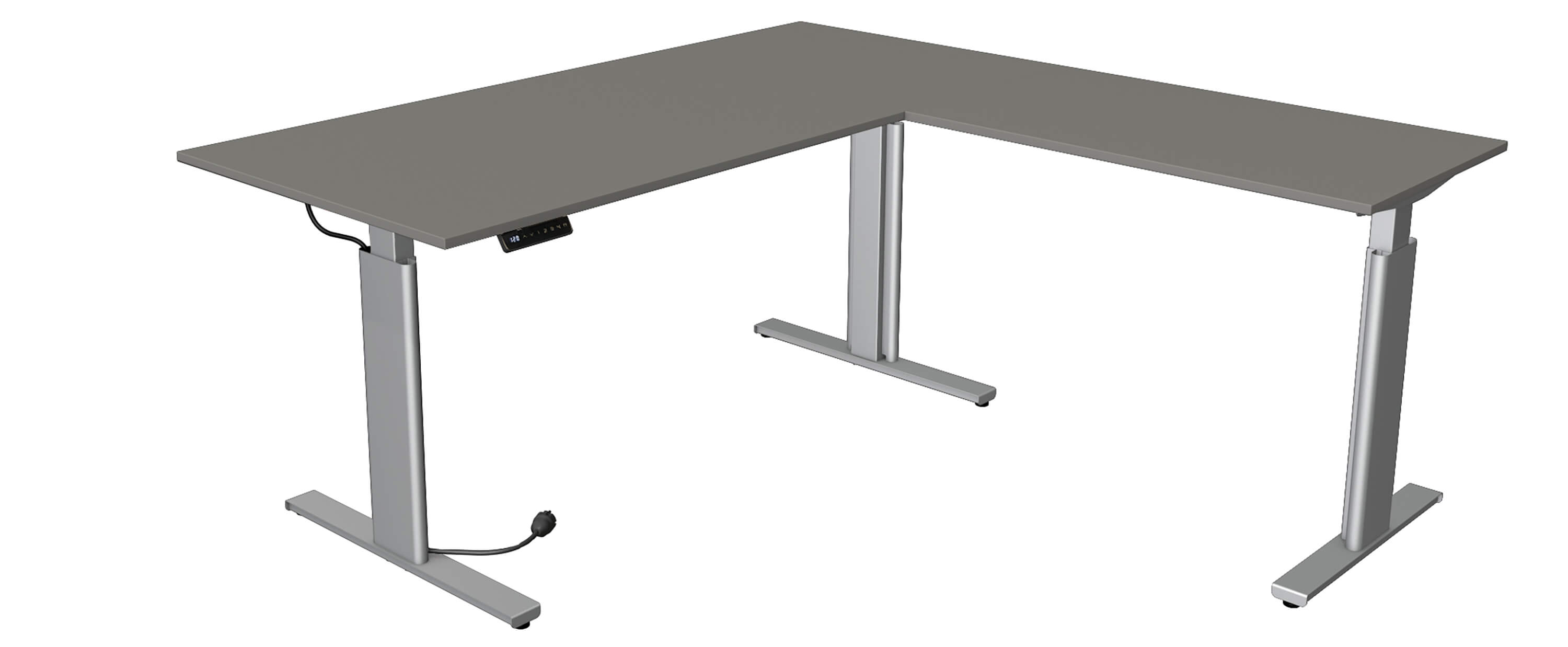 Kerkmann Höhenverstellbarer Eckschreibtisch Move 3 Silber 180x180 mit Tischplatte in dunkelgrau und silberfarbenen Tischgestell