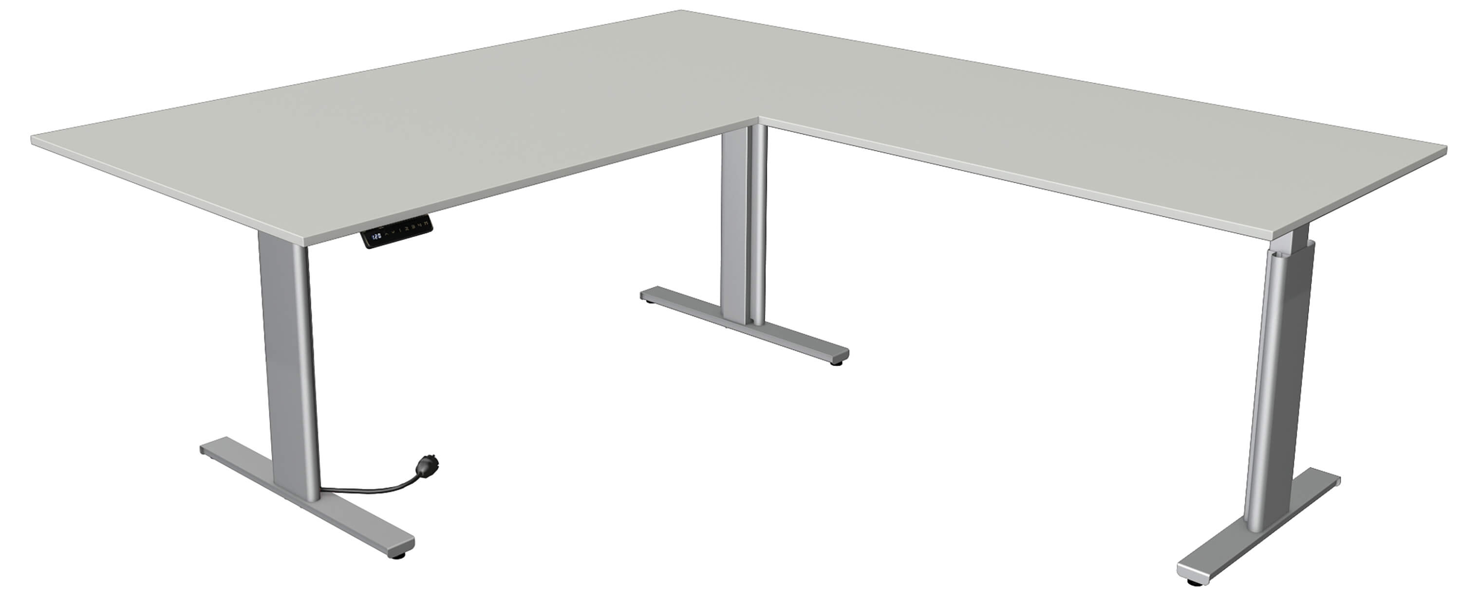 Kerkmann Höhenverstellbarer Eckschreibtisch Move 3 Silber 200x220 mit Tischplatte in hellgrau und silberfarbenen Tischgestell