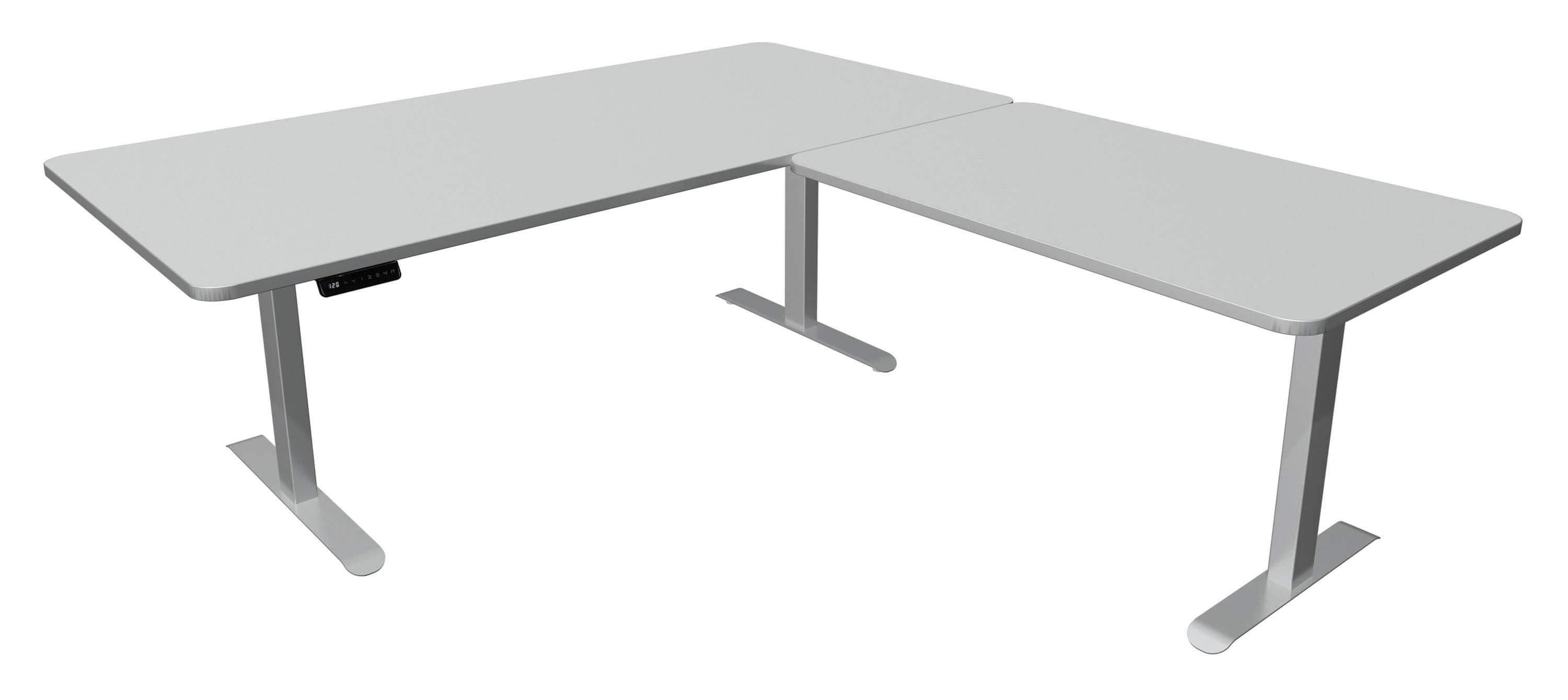 Höhenverstellbarer Eckschreibtisch Move 3 Premium 200x220 200x220 mit hellgrauer Tischplatte mit silberfarbenen Schreibtischgestell