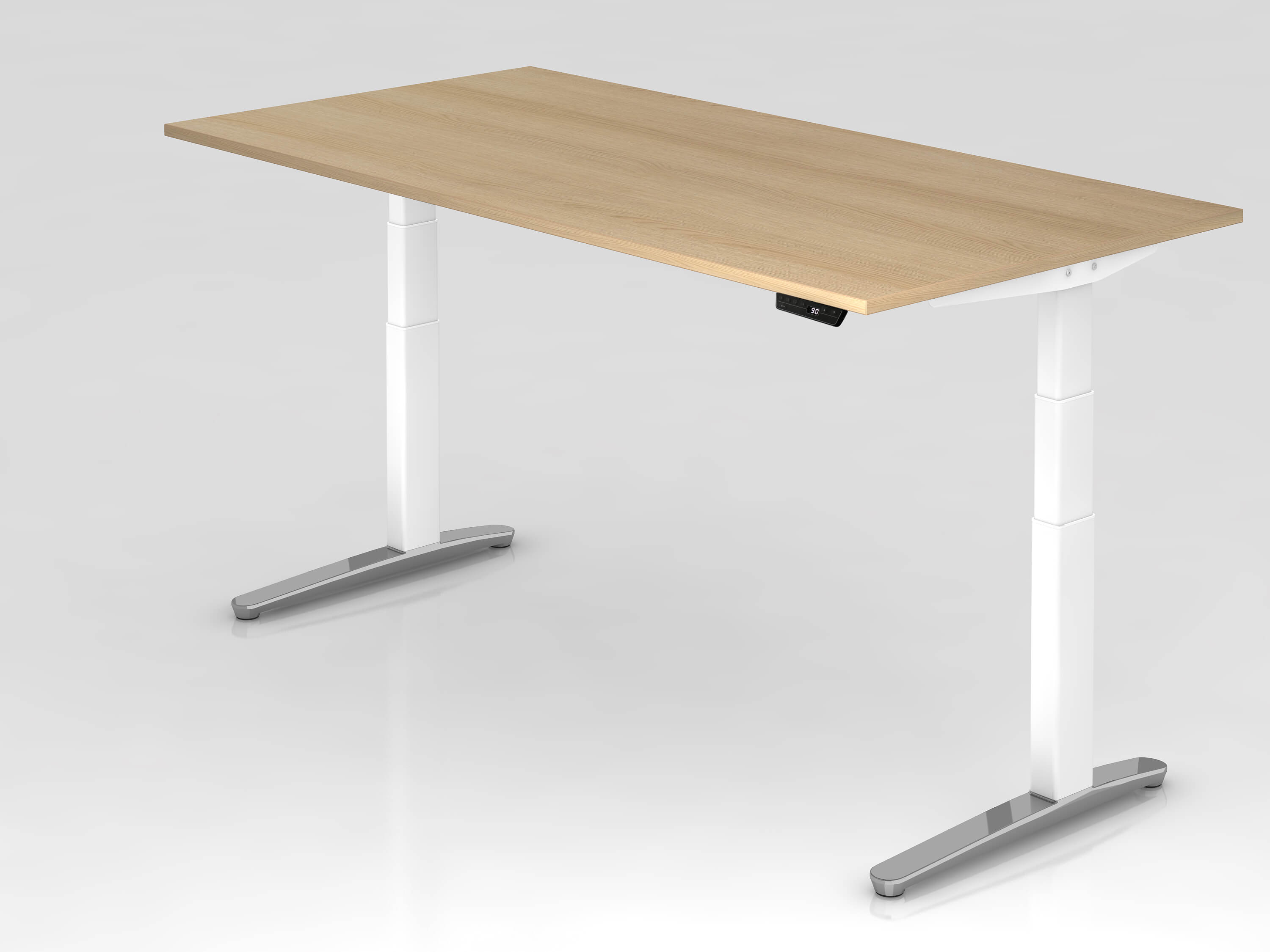 Höhenverstellbarer Schreibtisch Hammerbacher XBHM Design 200x100 mit Tischplatte in eiche und Tischgestell in weiß/ alu poliert