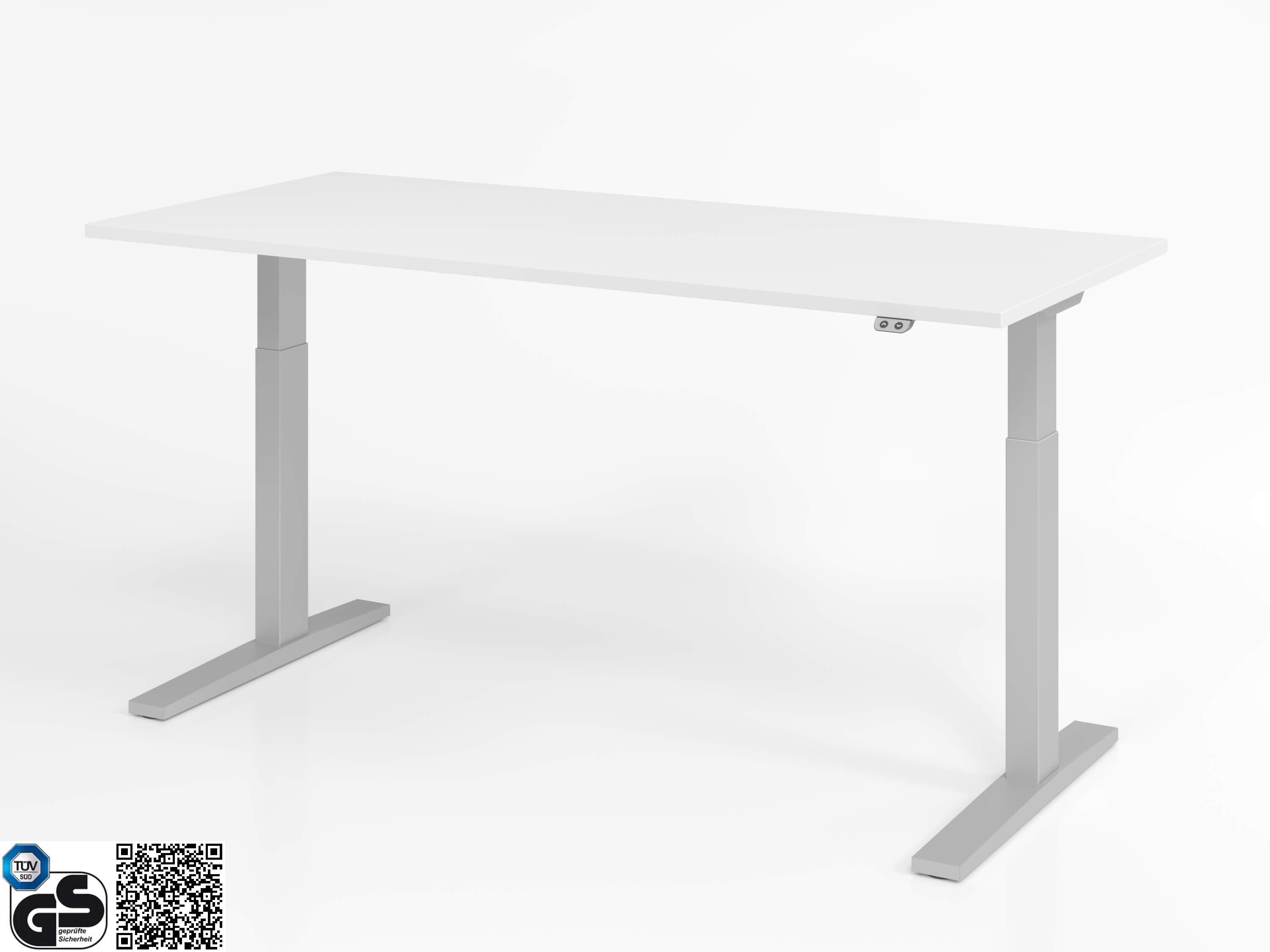 Höhenverstellbarer Schreibtisch Basic XMKA 180x80 von Hammerbacher mit weißer Tischplatte und silberfarbenes Tischgestell