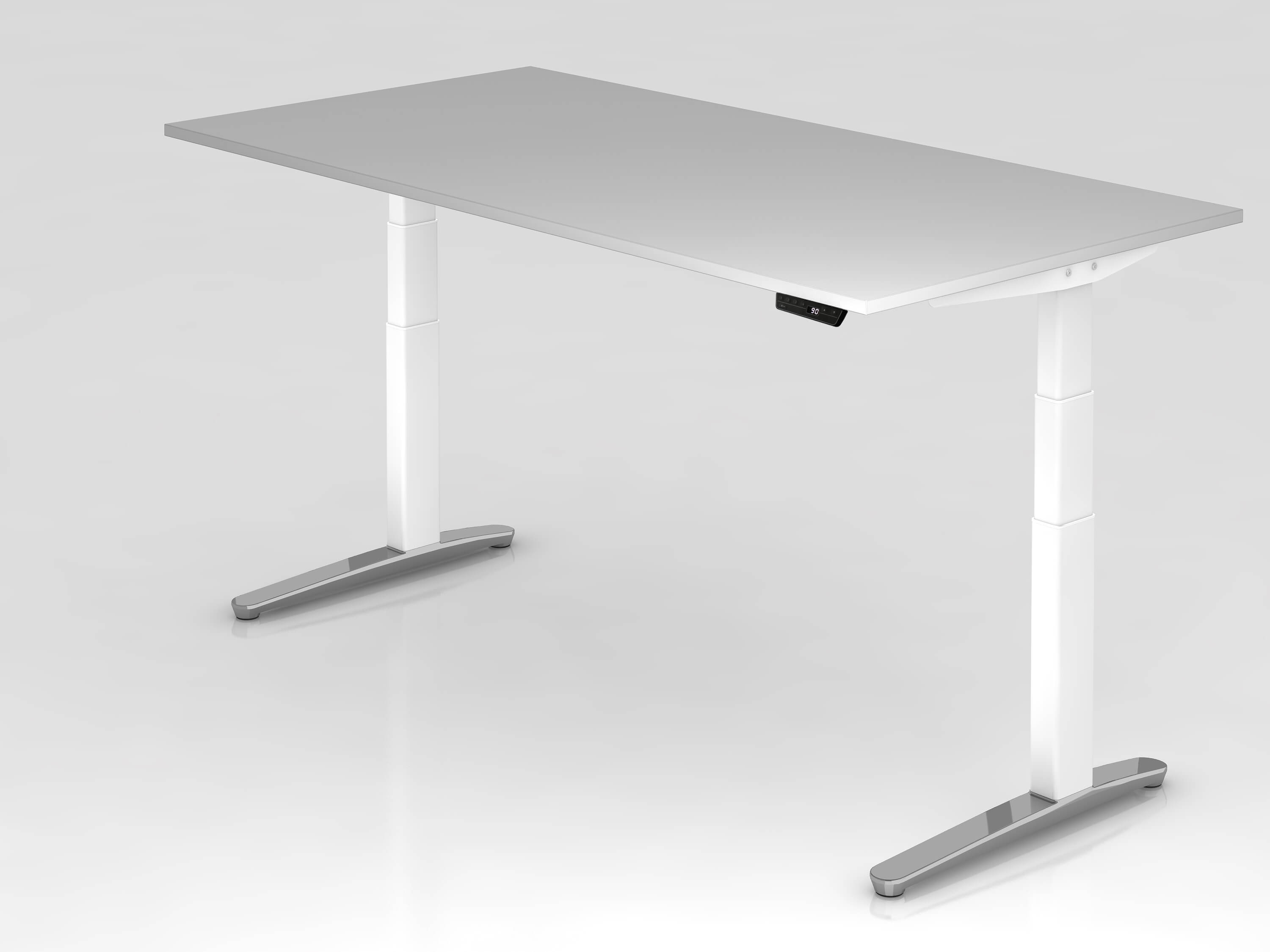 Höhenverstellbarer Schreibtisch Hammerbacher XBHM Design 200x100 mit Tischplatte in mittelgrau und Tischgestell in weiß/ alu poliert