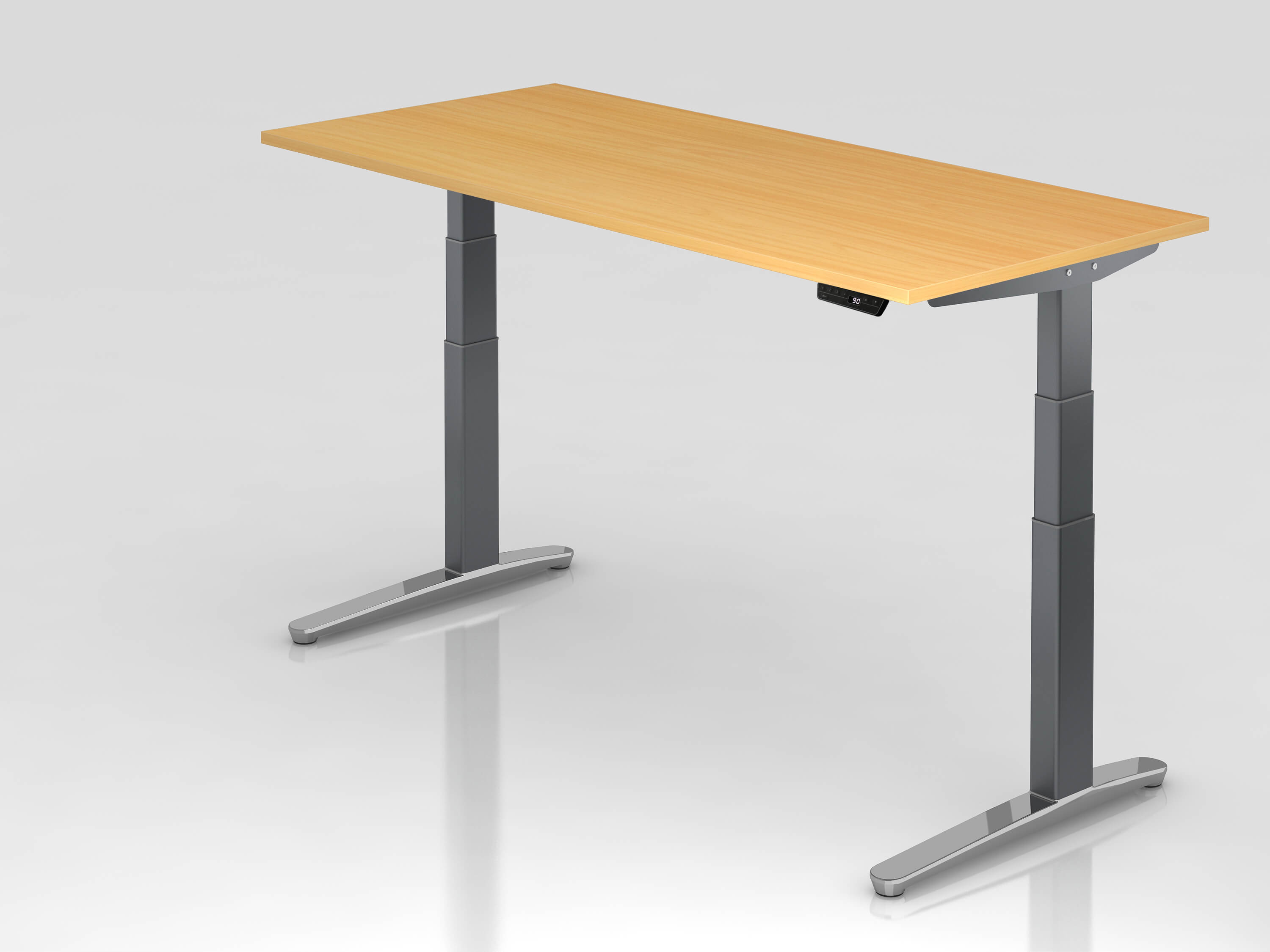 Höhenverstellbarer Schreibtisch Hammerbacher XBHM Design 180x80 mit Tischplatte in buche und Tischgestell in dunkelgrau/ alu poliert
