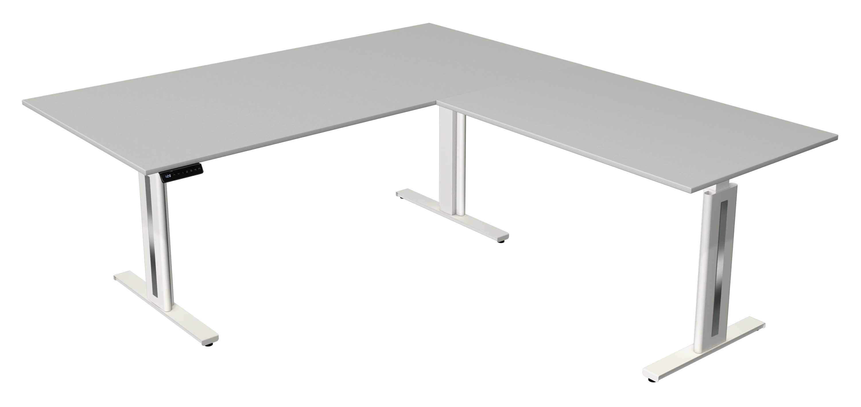 Kerkmann Höhenverstellbarer Eckschreibtisch Move 3 Fresh 200x220 mit Tischplatte in hellgrau und weißen Tischgestell