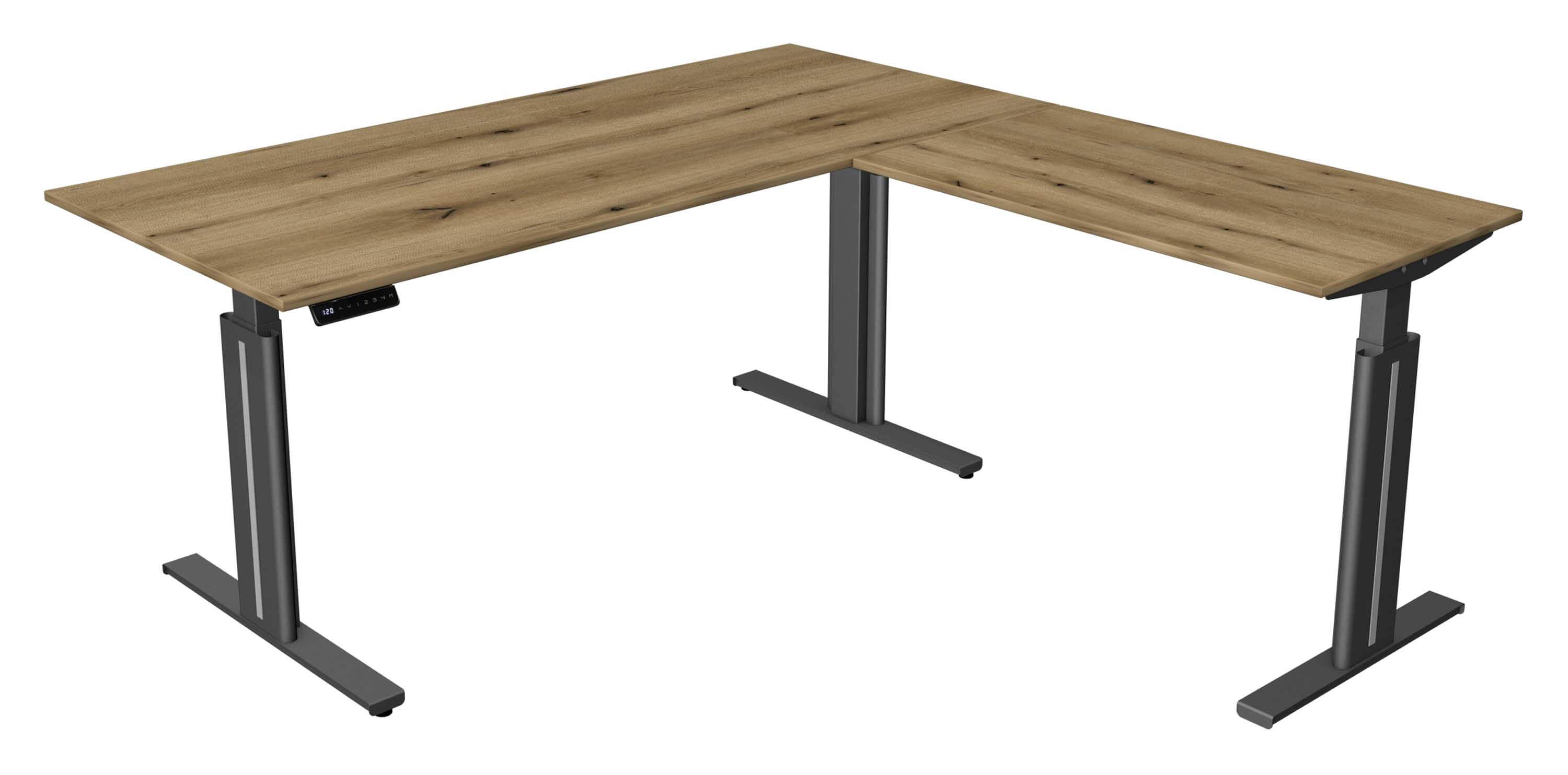 Kerkmann Höhenverstellbarer Eckschreibtisch Move 3 Elegant 180x180 mit Tischplatte in Eiche und softschwarzen Tischgestell