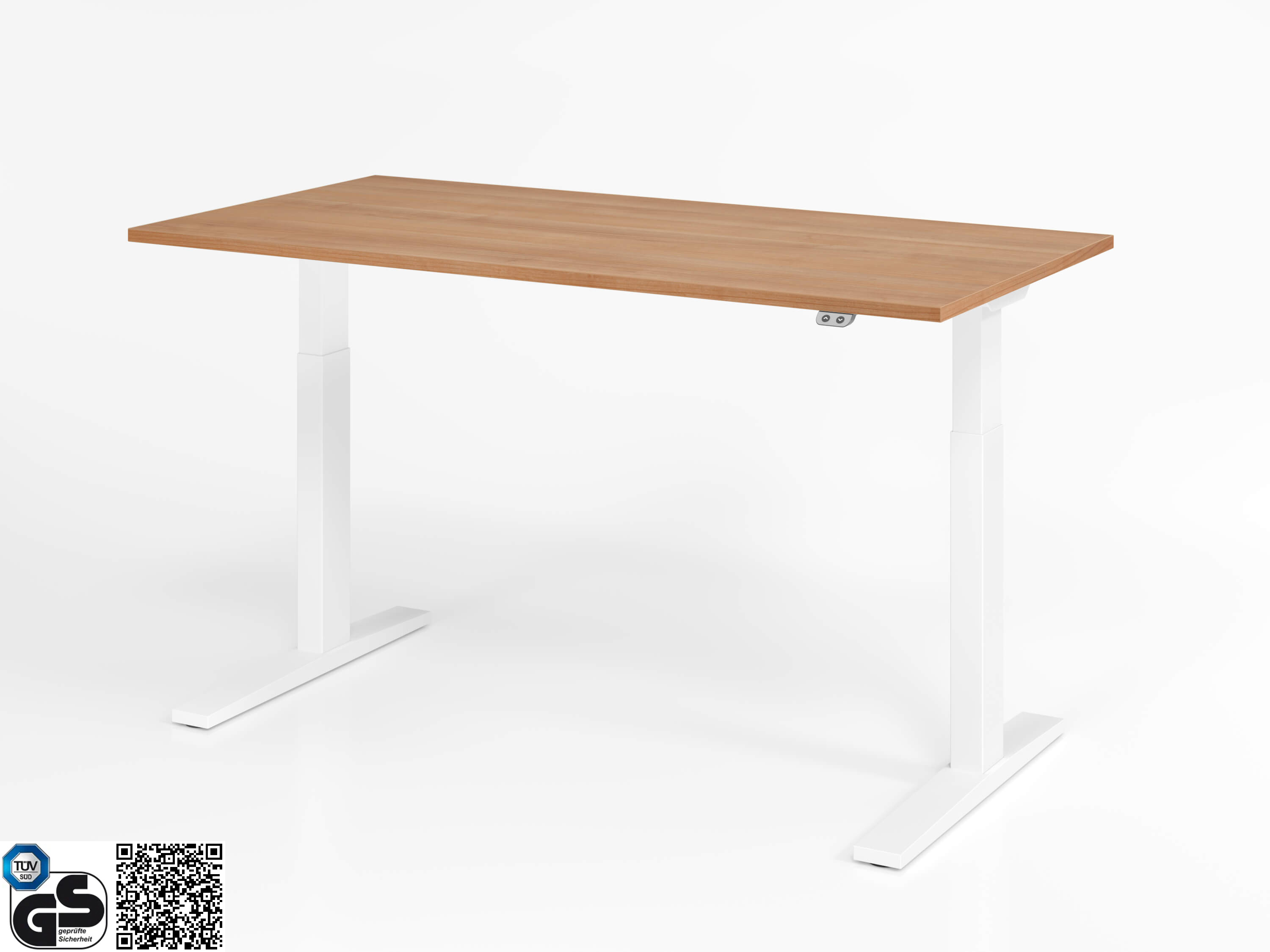 Höhenverstellbarer Schreibtisch Basic XMKA 160x80 von Hammerbacher mit Tischplatte in Nussbaum-Holz-Nachbildung und weißem Tischgestell