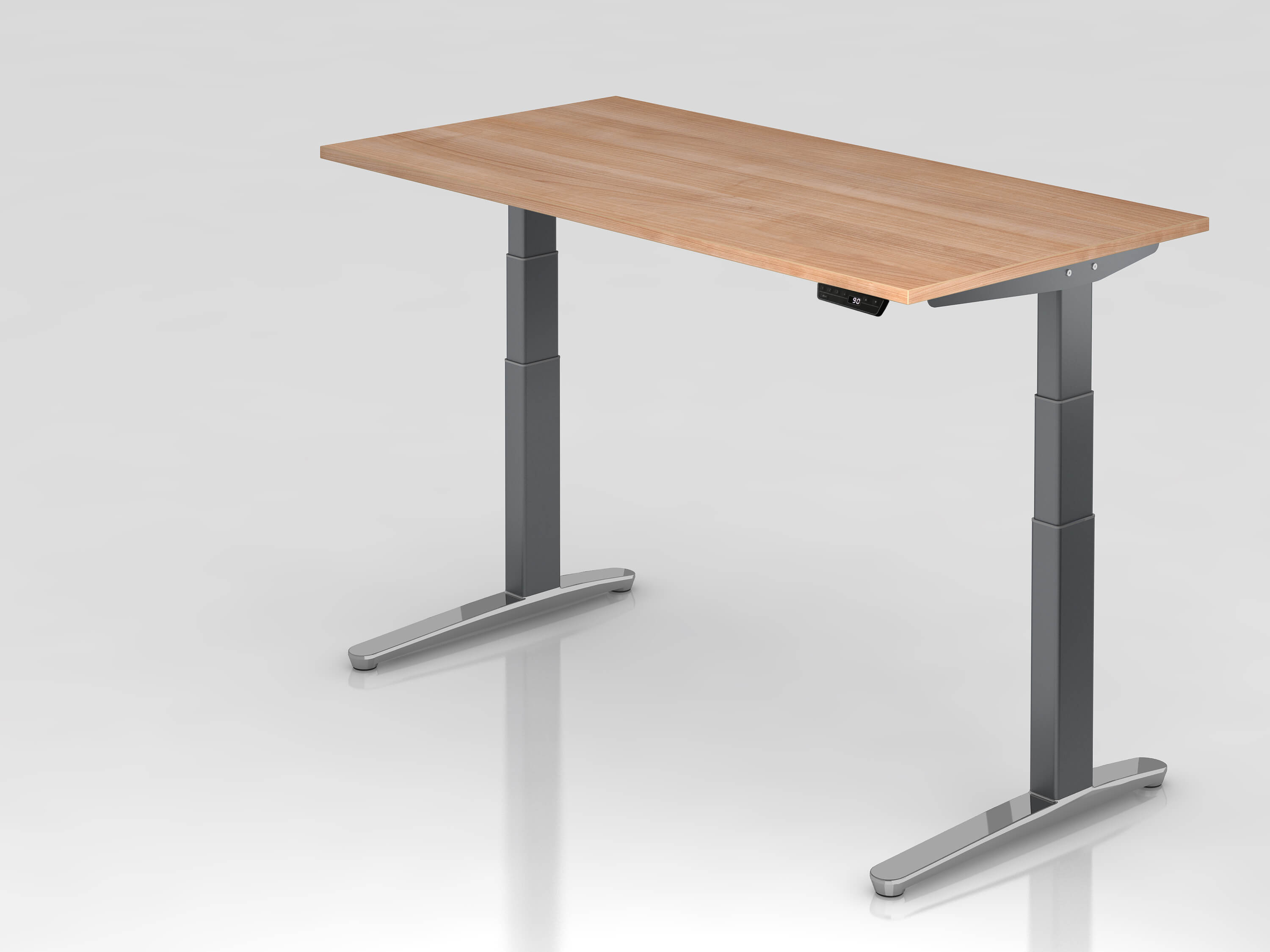 Höhenverstellbarer Schreibtisch Hammerbacher XBHM Design 160x80 mit Tischplatte in nussbaum und Tischgestell in dunkelgrau/ alu poliert
