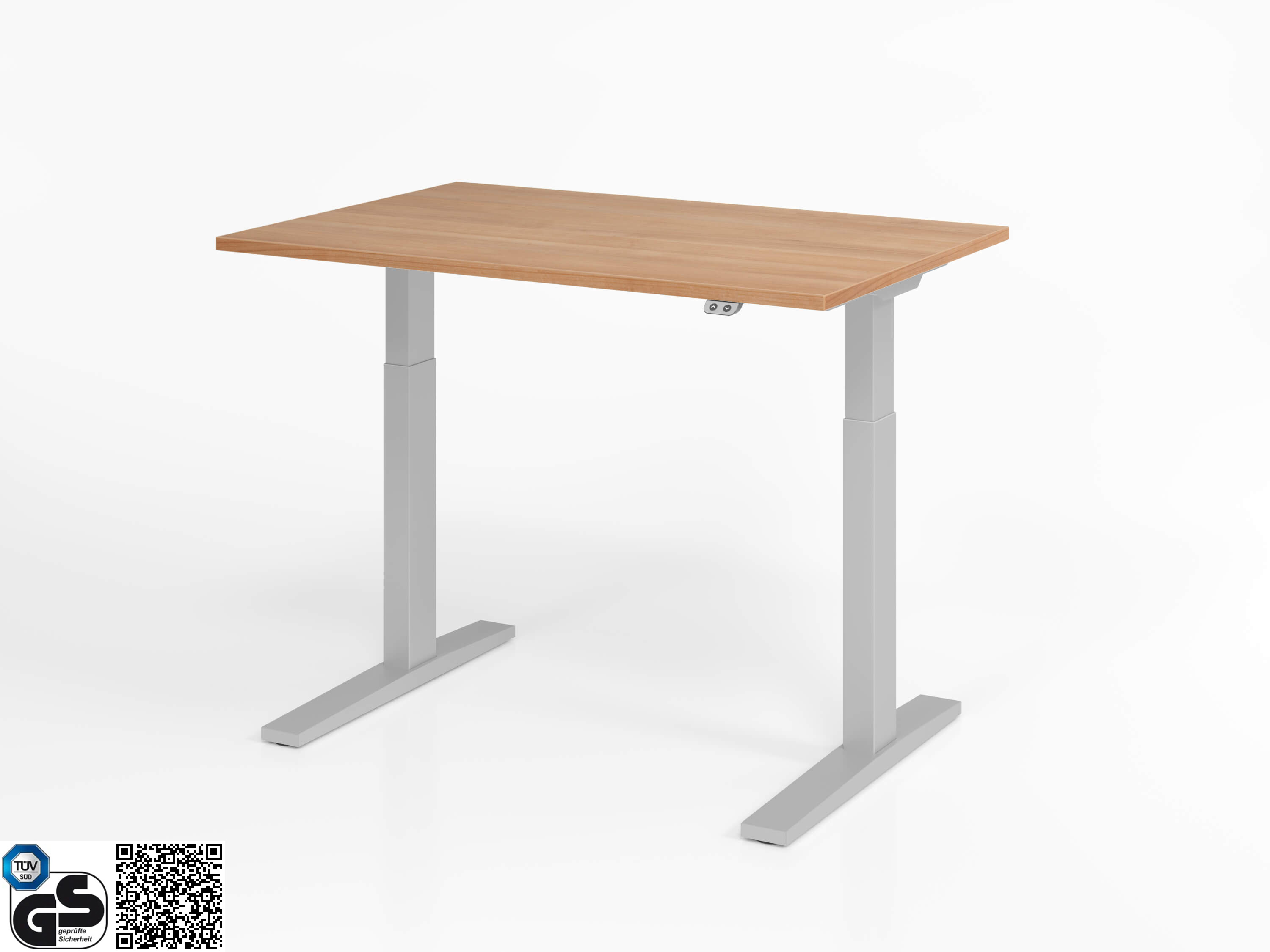Höhenverstellbarer Schreibtisch Basic XMKA 120x80 von Hammerbacher mit Tischplatte in Nussbaum-Holz-Nachbildung und silberfarbenes Tischgestell